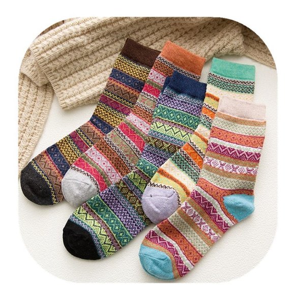 Womens 5 Pairs Vintage Style Thick Crew Socks - Picture 4 of 16
